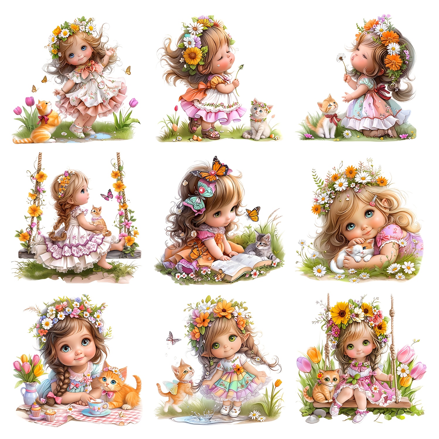 TEMU 9pcs Little Girl Series - Diy Anime Theme Iron-on Patches, Watercolor Theme Heat Transfer - Diy - Suitable For Clothing, T-shirts, Jeans,