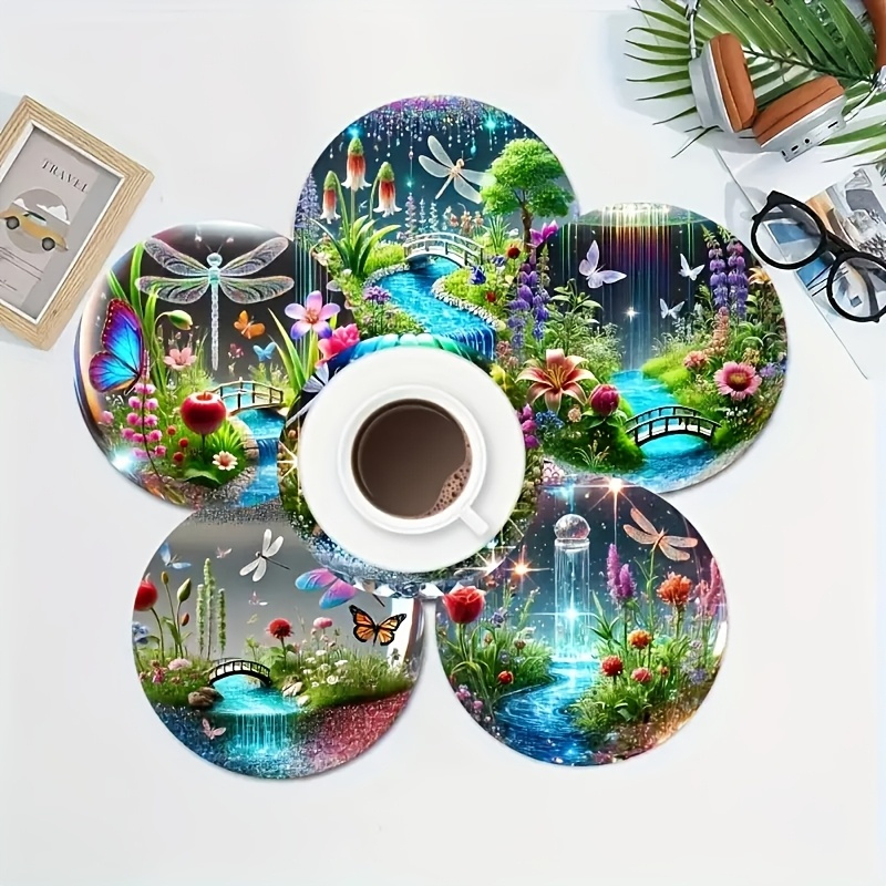E-shop 6er Set Magische Garten Holzuntersetzer - Libellen- und Schmetterlingsdesign, Rutschfest, Hitzebeständige Getränkeunterlagen, Geeignet für