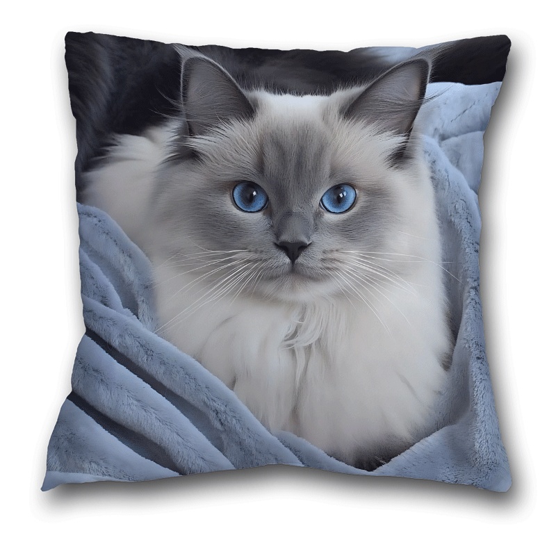 TEMU 2d Flat - Double-sided 1pc 2d Double-sided Pillow Cover For A Fluffy Ragdoll Cat Design, Featuring A Soft Plush Material With A Zipper Closure