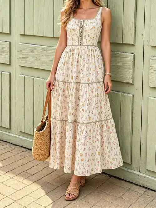 temu a line dresses A-Line Dress with V-Neck And Floral Pattern - Lightweight And * Short Sleeves - Ideal for Spring And Summer Outfits