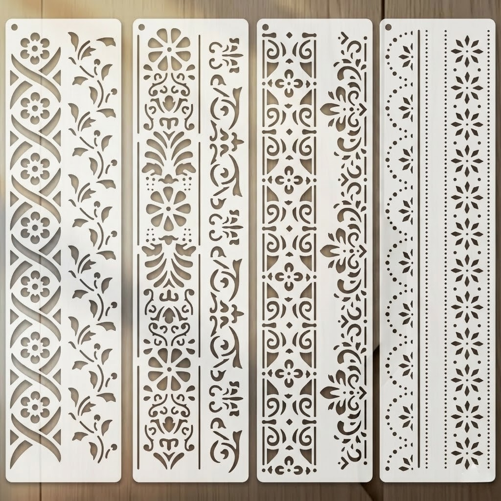 4pcs border stencil set reusable floral lace painting templates long vertical decorative diy stencils for wall furniture floor fabric tile wood sign craft projects vintage scroll flower edge pattern art tools