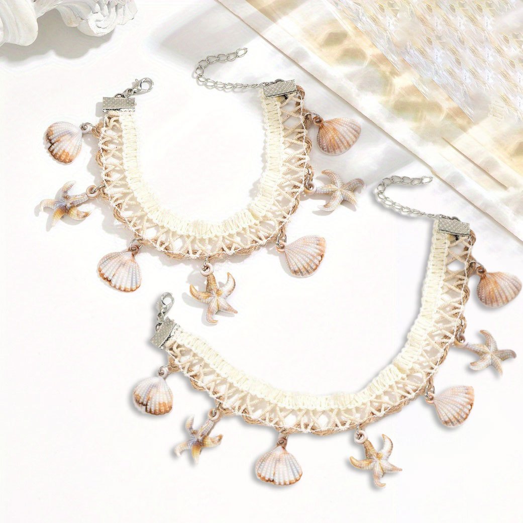 Image of 2pcs Women's High Quality Bohemian Acrylic Starfish Scallop Braided Vintage Anklet Set Handmade Daily Beach Vacation Party Wear Birthday, Holiday, Music Festival, Valentine's Day Holiday Gift