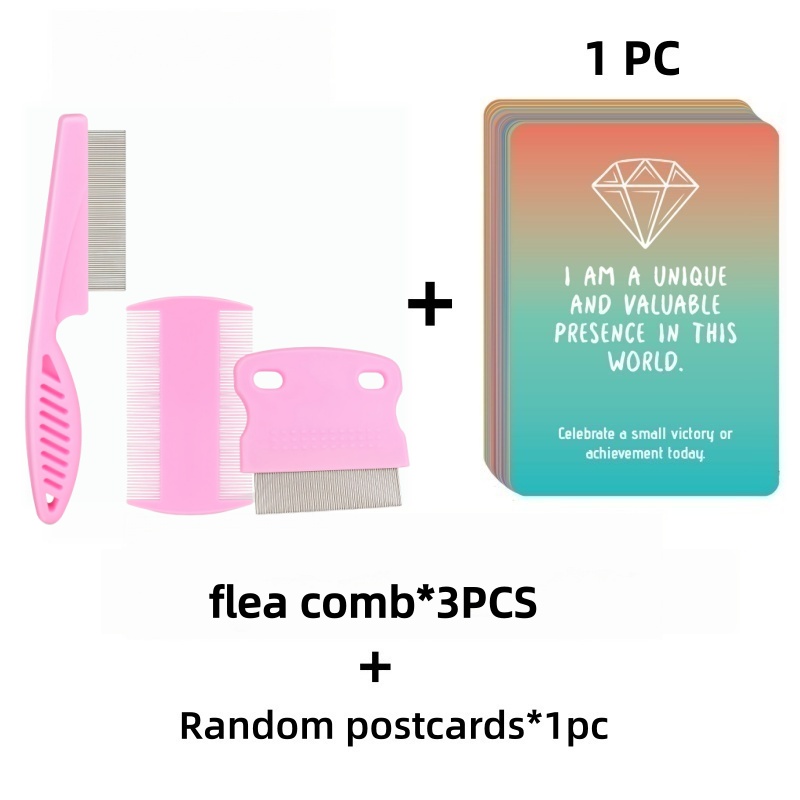 TEMU 3pcs Pet Flea Combs And Random 1pc Postcard, Fine-toothed Cat And Dog Grooming Comb, Stainless Steel Flea Comb, Cleaning And Removal Tool