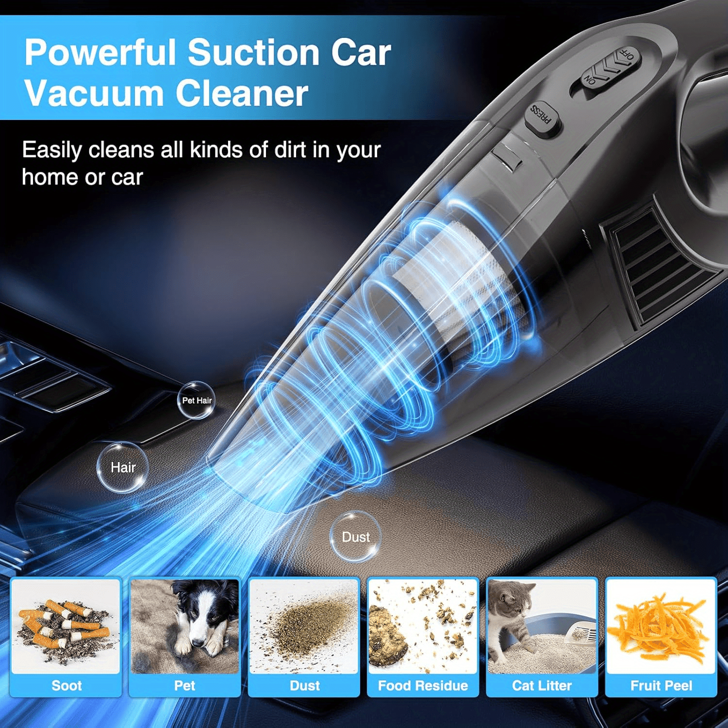TEMU Car Vacuum Cleaner, Portable Car Vacuum Cleaner With 3000pa Suction, 0.5l Capacity, High Power, Car Cleaning, Handheld Vacuum Cleaner For Car Pets, Without Battery