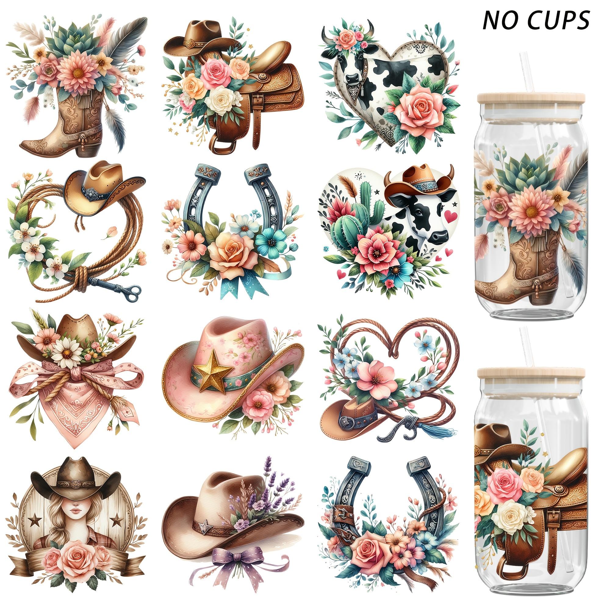 TEMU 2d Flat Uv Dtf Water Cup Transfer Stickers - 12pcs Western Style Mother's Day Women Cowboy Theme 16oz Glass Jar Water Cup Home Mug Transfer