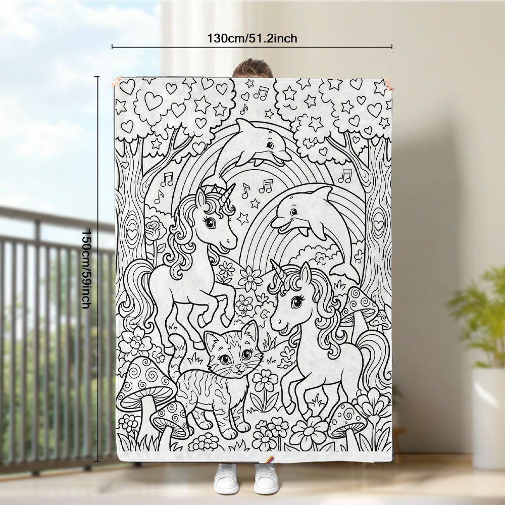 TEMU 1pc Coloring Relaxation Hand-drawn Style Blanket, Forest Unicorn Cat Flannel Blanket Adult Coloring Hand-drawn Style Coverlet Creative Doodle