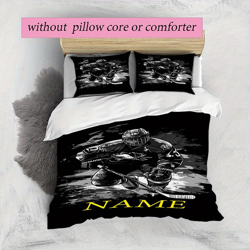 TEMU Custom 3d Name Hockey Bedding Set - Soft Polyester Quilt Cover And Pillowcases, Machine Washable - Ideal Christmas Gift For (1 Quilt Cover   2