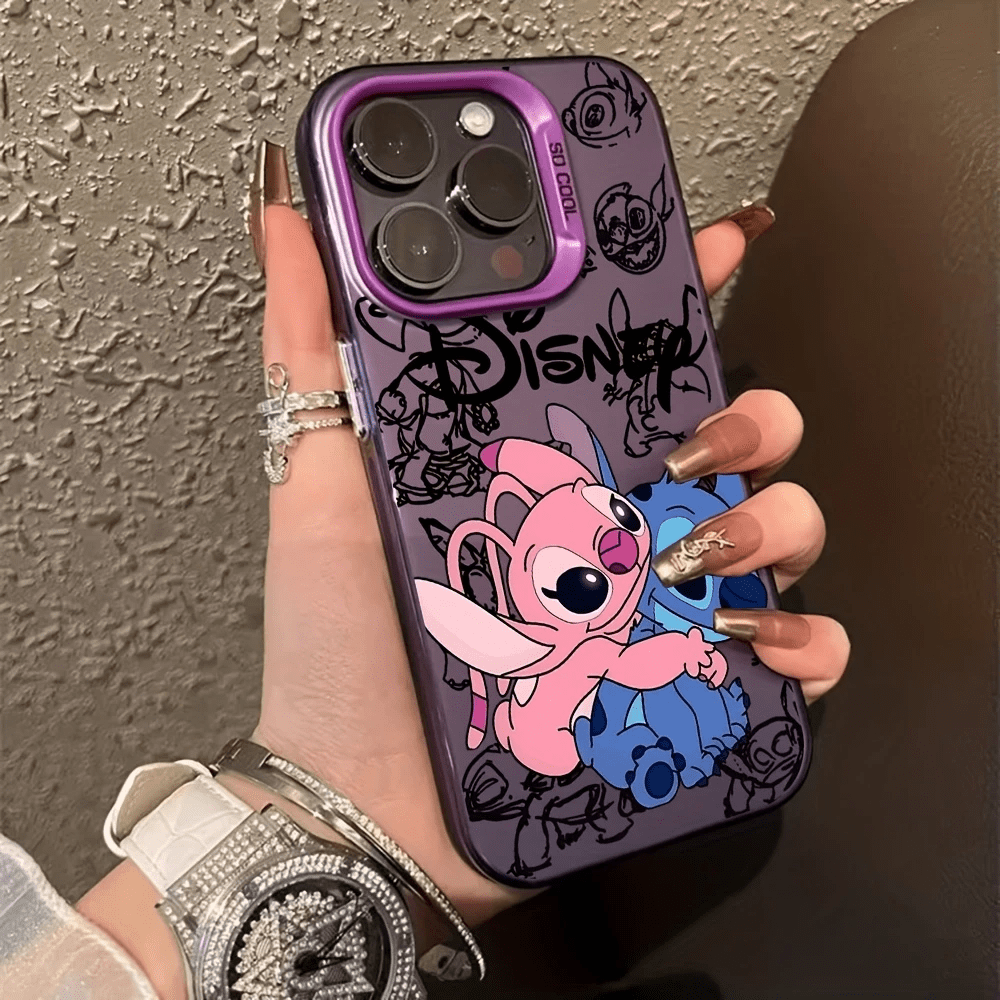 Authorized Disney, Cute Angel And Stitch Pattern Phone Case, Compatible with for iphone 16 Pro Max, 15 Pro/14 Pro/13 Pro/12 Pro/12/11/11 Pro Max. Made of TPU Material, Featuring Graffiti Print, Colorful Silver Hard Shell, Shockproof And Scratch-Resistant Protective Cover.