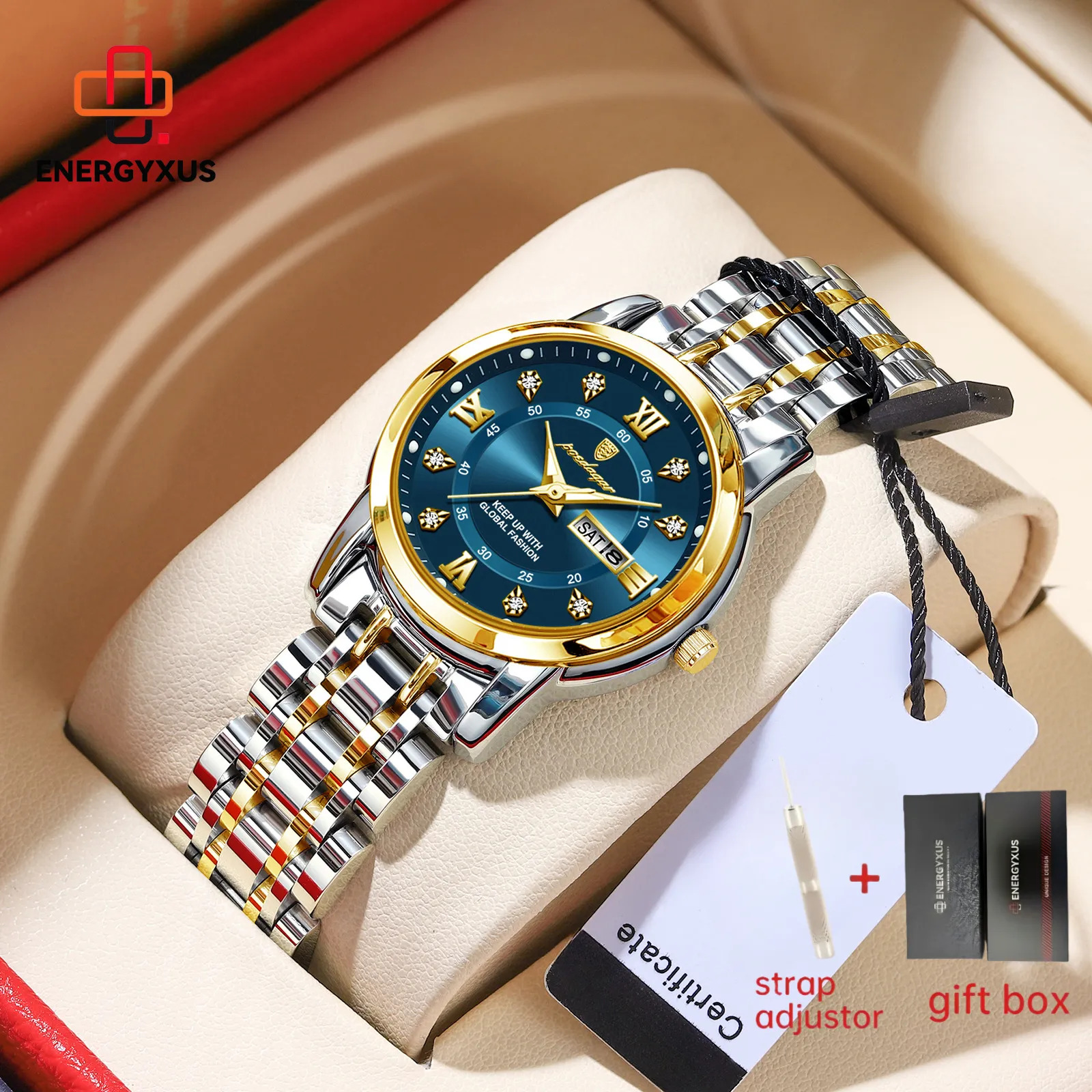 TEMU Luxury Women's Watch Sparkling Crystal-studded Stainless Steel Adjustable Strap Luminous Date And Day Display Women's Watch High-quality Ladies'