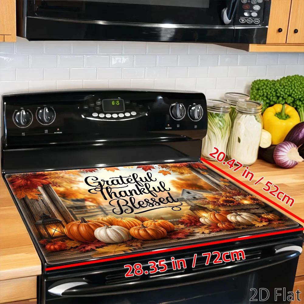 TEMU 2d Flat, Thanksgiving Stove Protective Mat, Rustic Pumpkin & Maple Leaf Design, Cozy Farmhouse Style, Festive Grateful Thankful Blessed Theme,