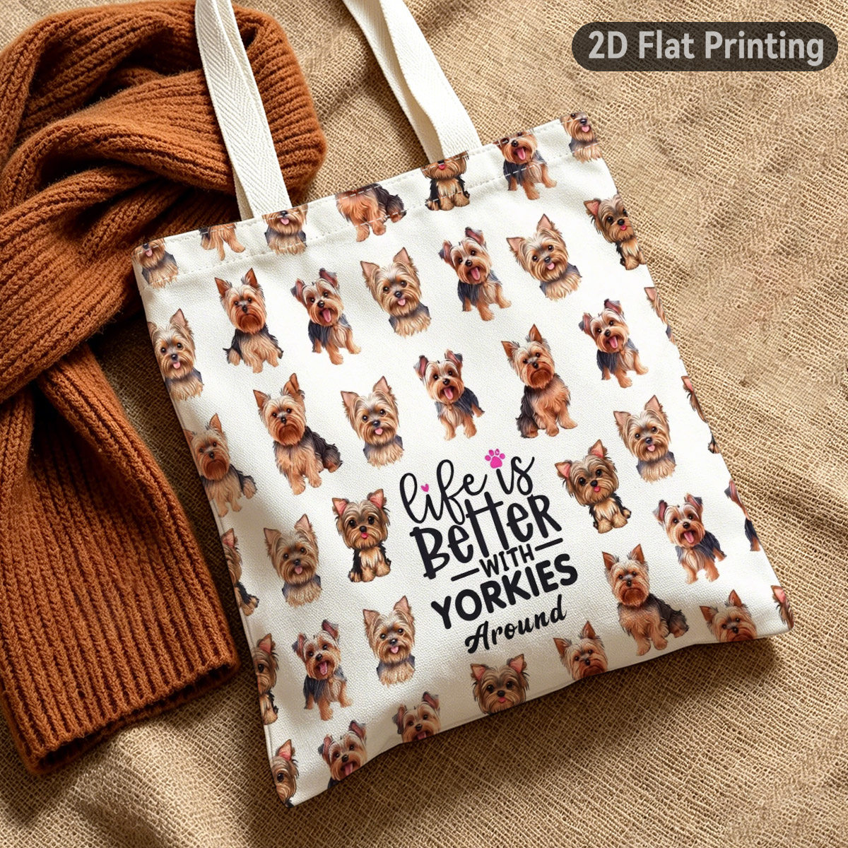 TEMU Sac plat 2D 1pc Aquarelle Chiots Yorkie Durable, Chien, Duplex Motif Yorkshire Terrier, Idéal pour les Courses, Sorties Décontractées, de , pour