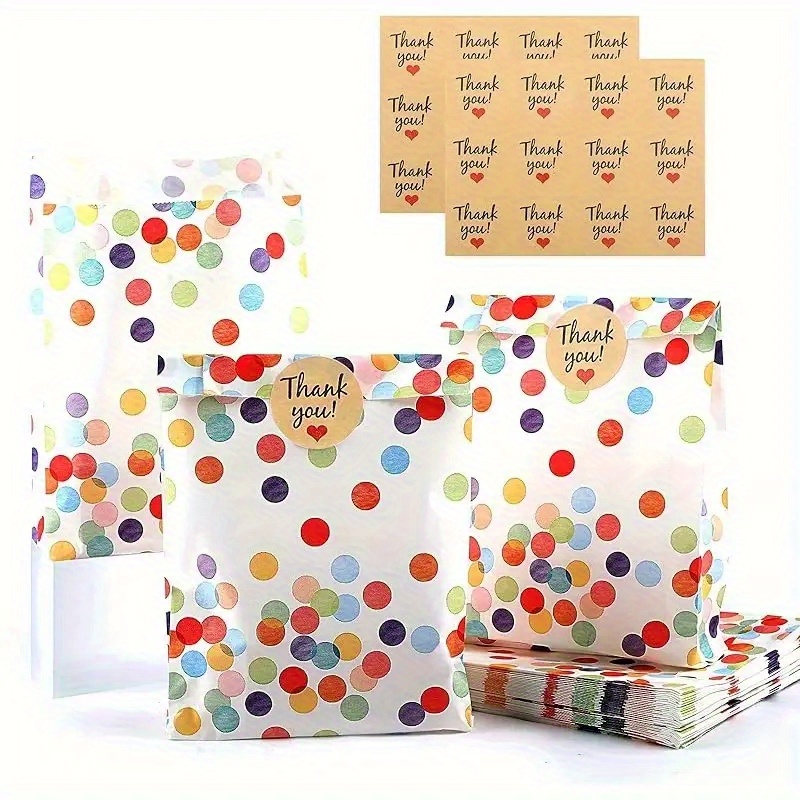 E-shop 24 Sets (24 Papiertüten + 24 Aufkleber) laminierte Papiertüten mit spitzem Boden, Geschenktüten für Geburtstagsfeiern, bunte gepunktete