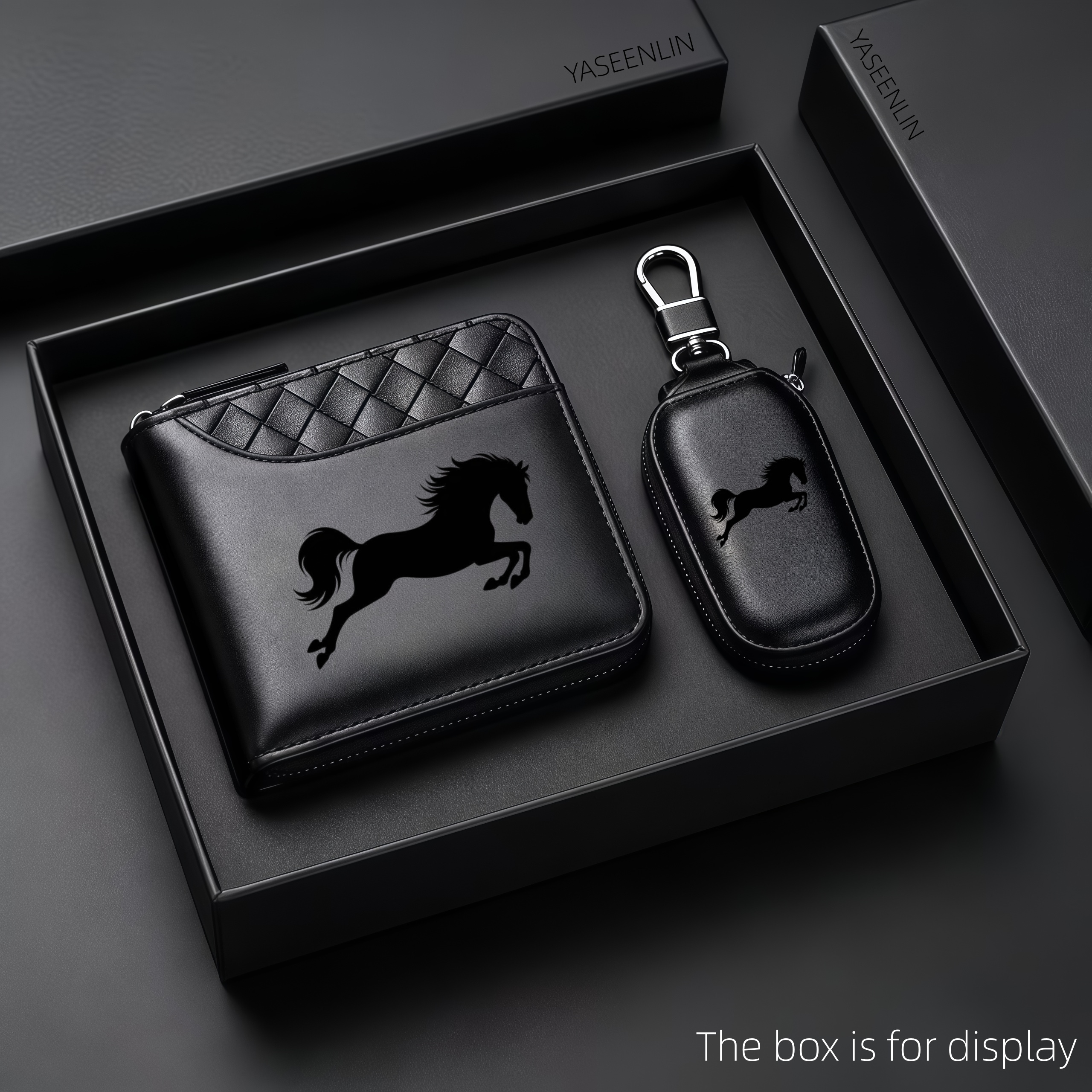TEMU YASEENLIN Juego de 2 Carteras de Lujo Premium para Hombre con Prestigioso Estampado de Caballo - con un Estuche para Llave de Coche - Sintético