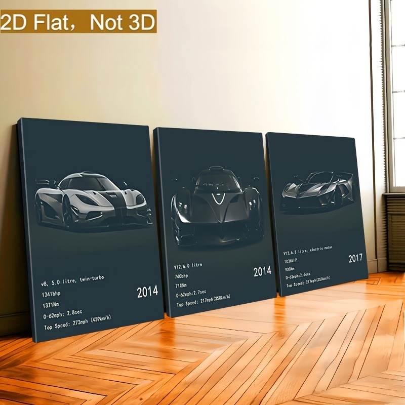 TEMU 2d Flat, 3pcs 2d Flat Canvas Decorative Art, Style Supercar Poster Set, High-performance Racing Car Wall Art, High-quality Paper Print For Home