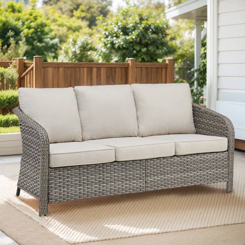 73 6 pe wicker rattan outdoor furniture set 3 seat sofa with beige deep seat cushions