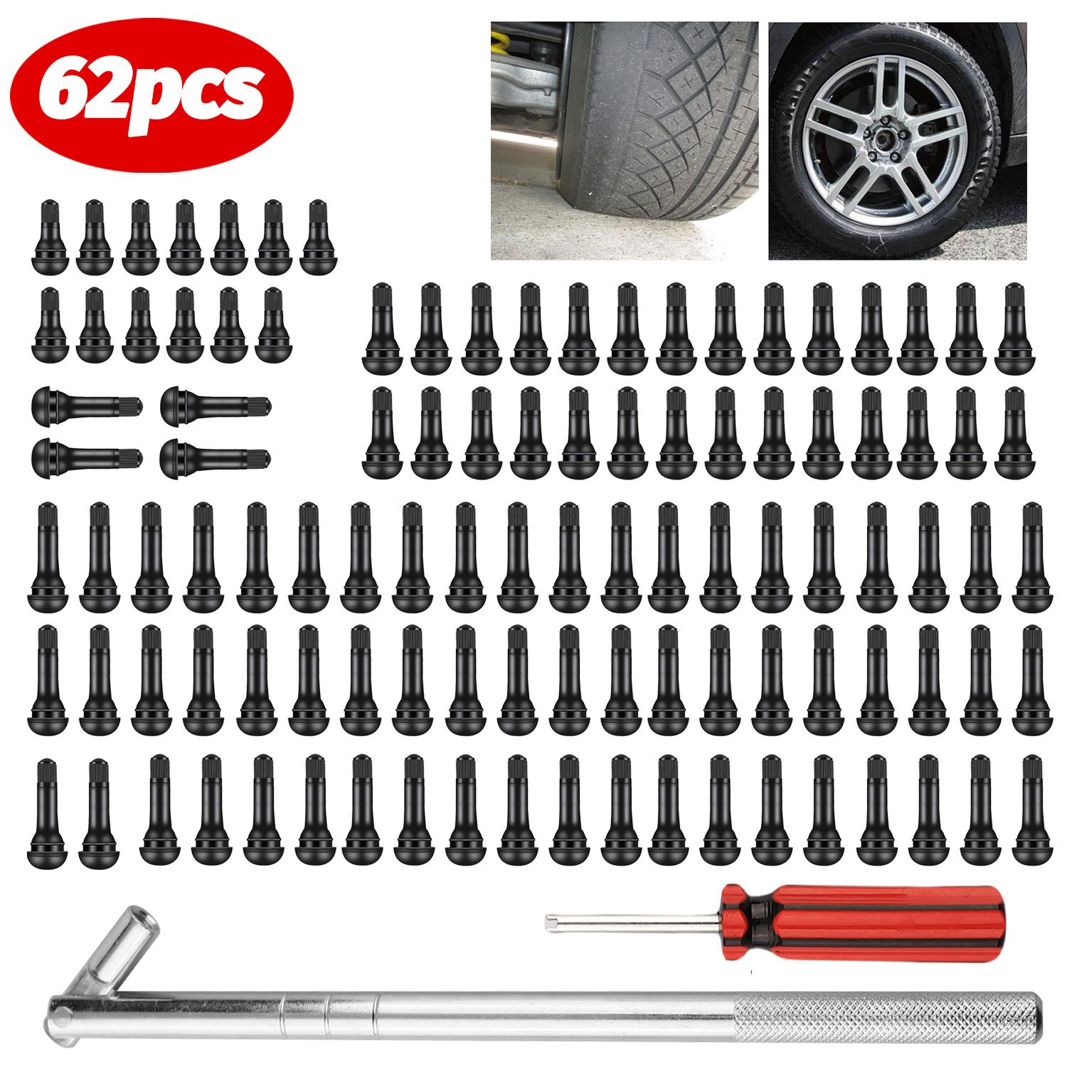 TEMU 62pcs Black Rubber Tire Valve Stems Kit, Tr412, Tr413, Tr414, 1 X Valve Stem Installer, 1 X Valve Core Remover | Snap-in Valve Stems For
