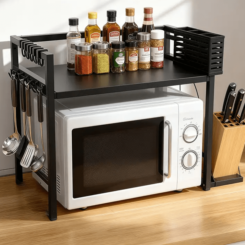 TEMU Adjustable Width Desktop Standing Organizer - Compact Storage Shelf For Microwave, Spices, Utensils With Knife Holder, Cutlery Rack, Cutting