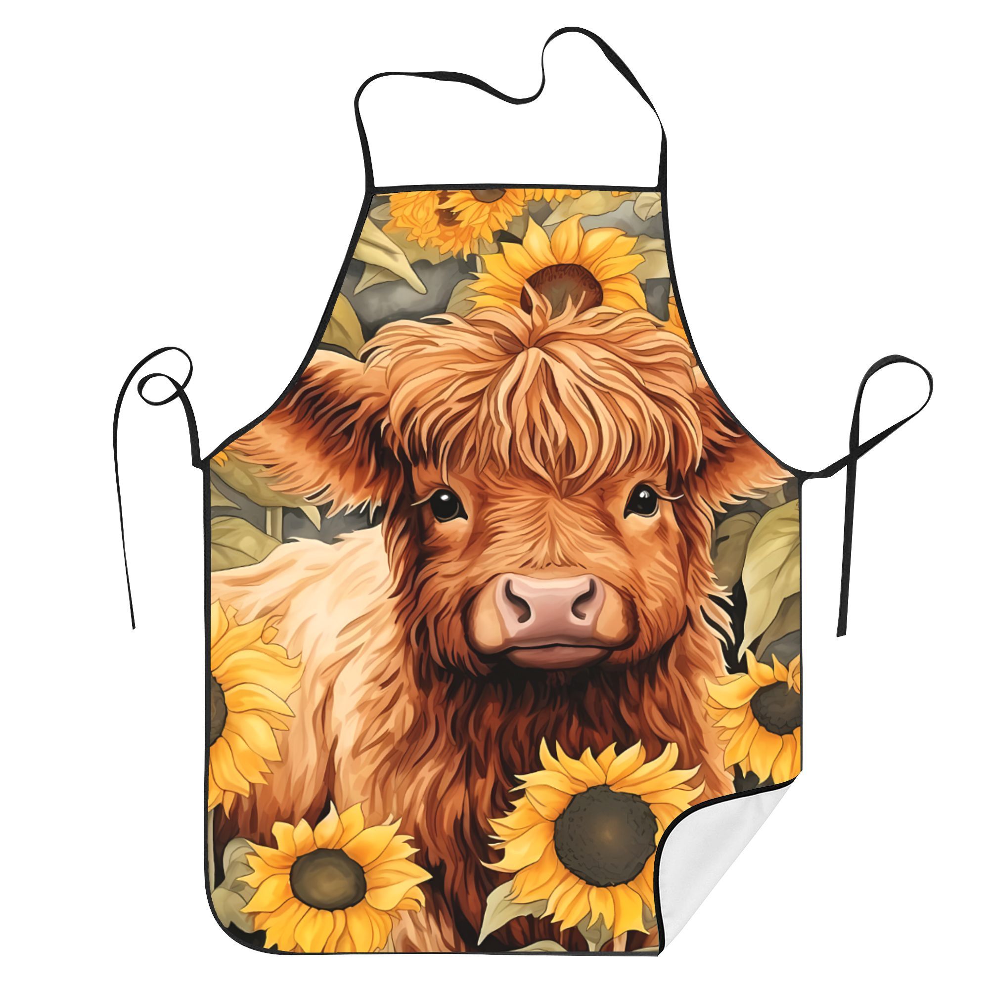 

| Highland Cow And Sunflower Print Apron - Vintage Style, Polyester, Adjustable Straps, Woven Fabric, Ideal For Cooking And Baking, Cow Decor