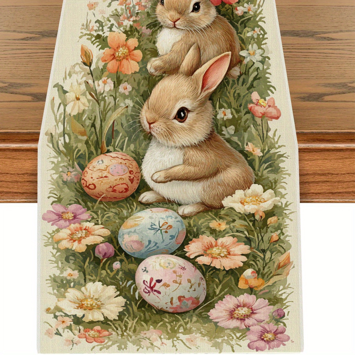 TEMU 1pc Polyester Tablecloth, Woven, Floral Pattern, 3 Rabbits Sitting On Grass, Easter Eggs, For Home Decor, Party, Outdoor, Tabletop, Kitchen,