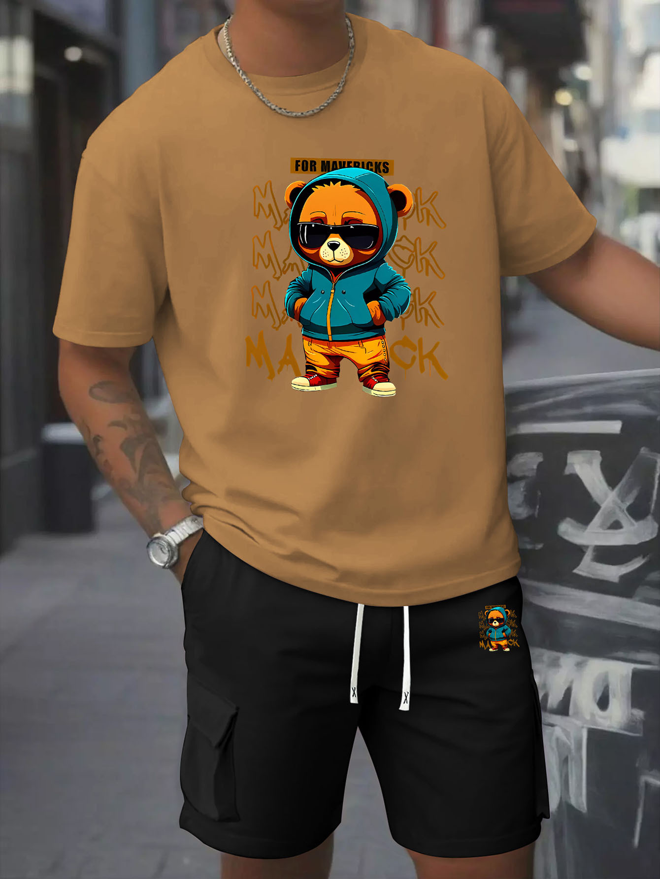 Men's Two-Piece Set with Loose Cotton T-Shirt and Work Pants