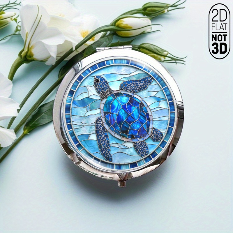 This Compact Round Makeup Mirror, Designed For Portability, Showcases A Beautiful Sea Turtle Gliding Through Water, All Framed By An Stained