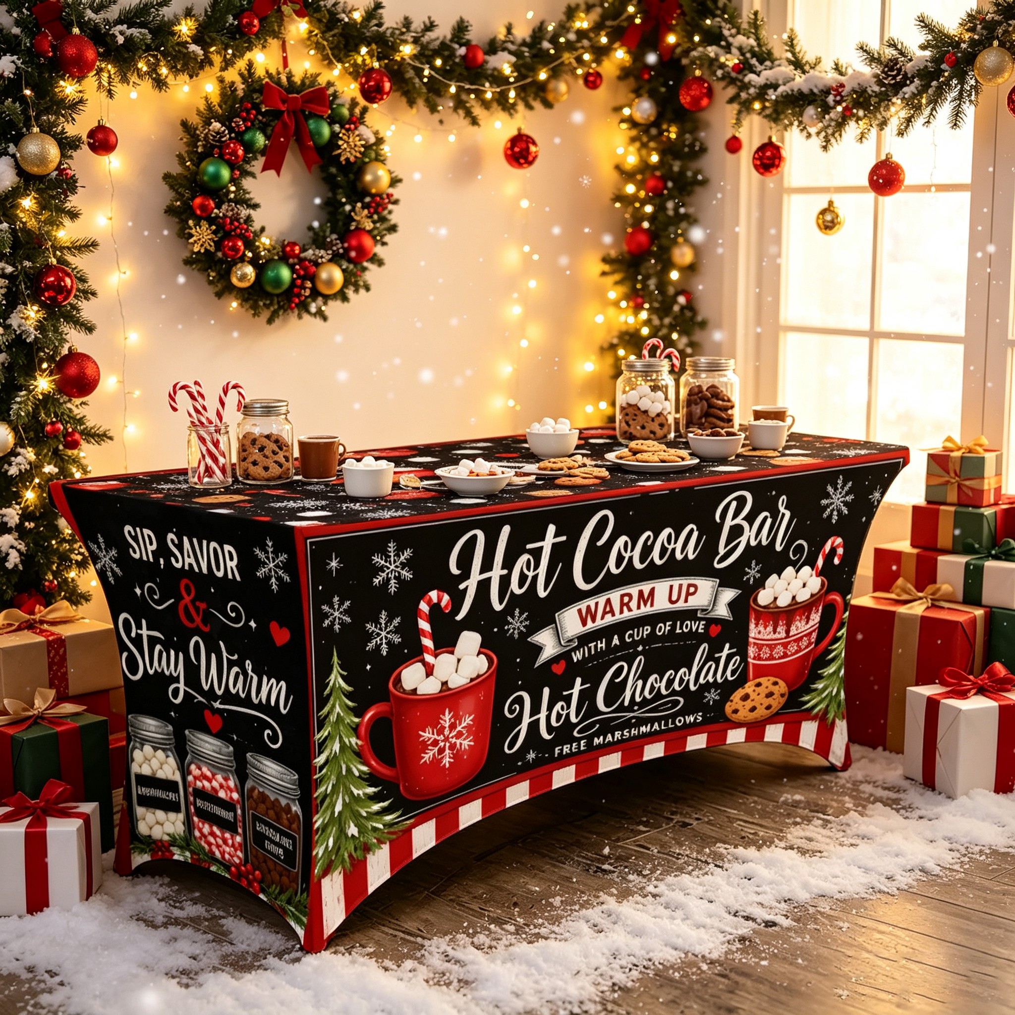 TEMU 1pc Full Fitted Elastic Table Cover Bar Christmas Hot Chocolate Mugs Marshmallows Candy Canes Snowflakes Xmas Tree Polyester Stretch Tablecloth