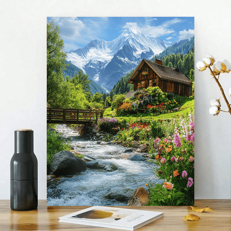 青い海と山の風景を描いた美しい風景画 木製フレーム付き 青い