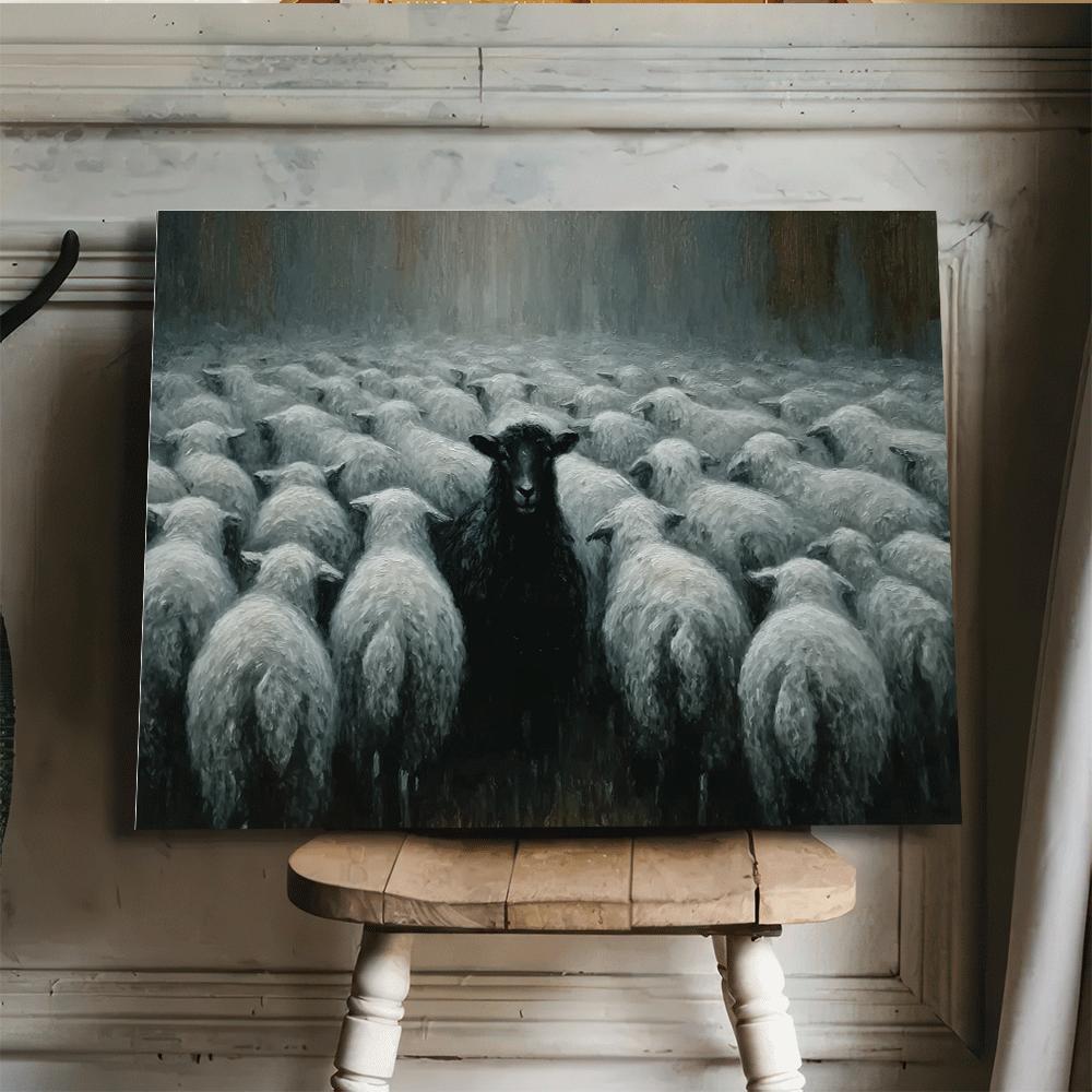 1pc Black Sheep in White Flock Canvas Art Print - Frameless Wall Decor for Living Room, Bedroom, Office, Bar, Cafe - Ideal Gift for Thanksgiving, Halloween, Christmas, New Year'S Day, Sheep Decor