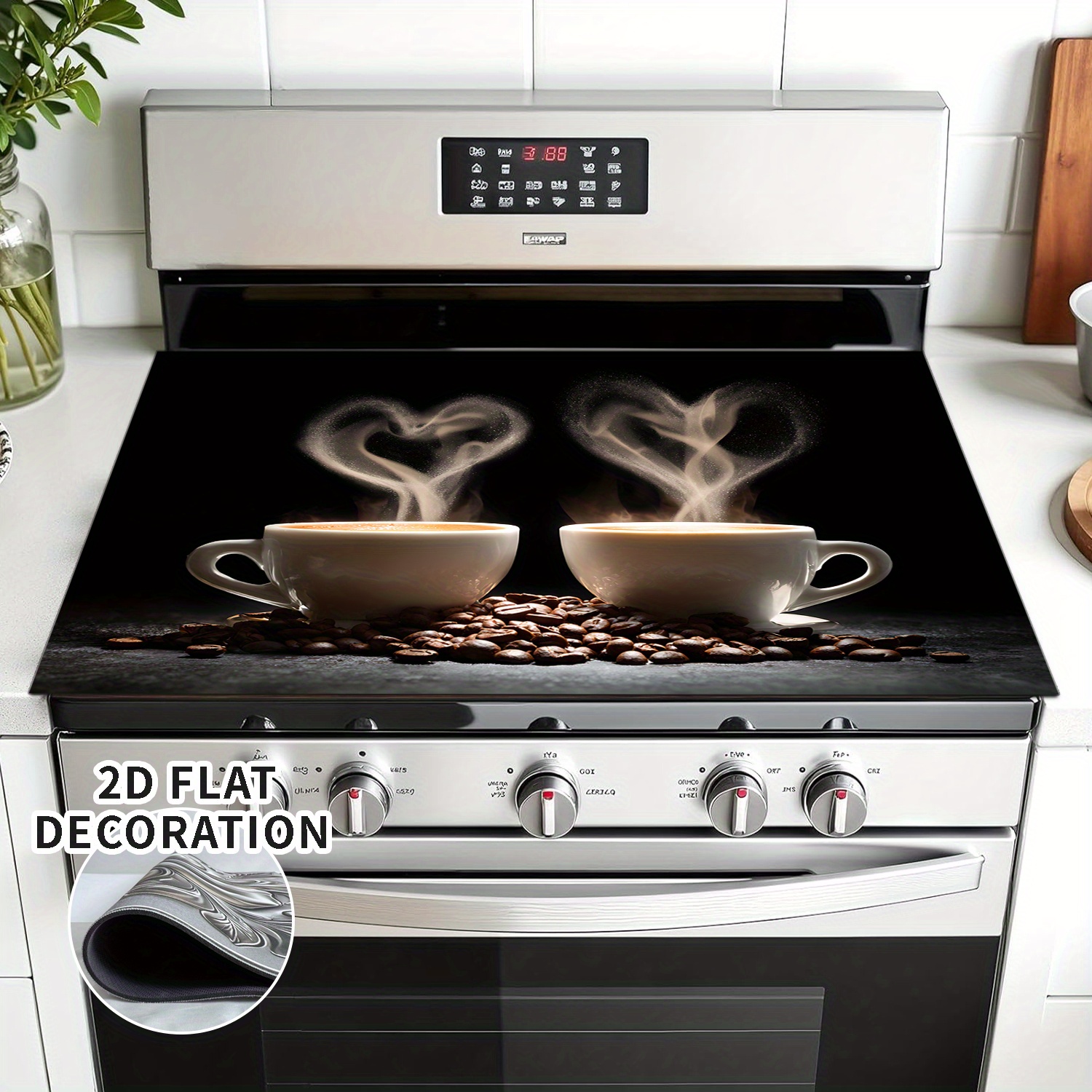 Image of Integrated Stove Replacement Decorative Kit 2d Flat Decorative Stove Cover Coffee, Steam, Heart - Used As Stove Cover, Washing Machine Cover, , Easy To Clean, No Electricity Required, 2d Flat