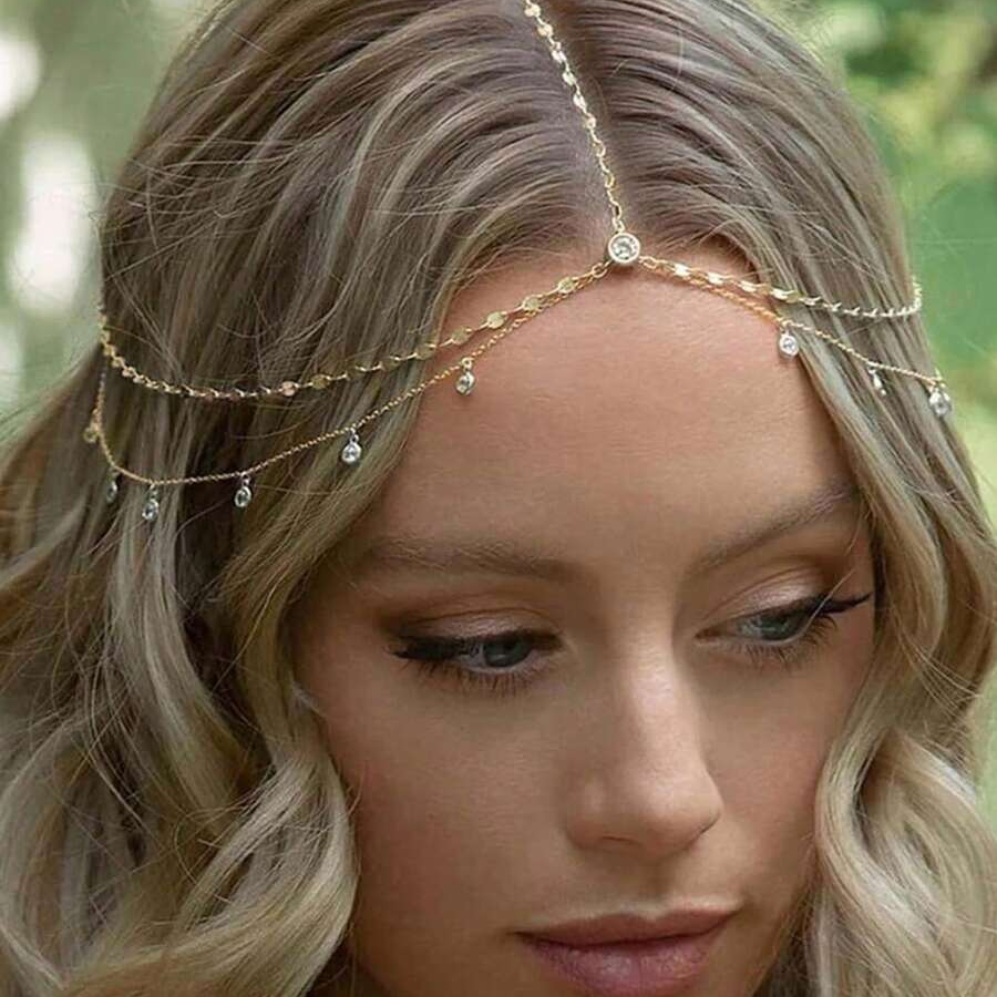TEMU 1pc Fashionable Bohemian Style Round Headchain, Elegant Double Layer Alloy Chain Headpiece, Suitable For Party And Daily Wear, Jewelry Gift,
