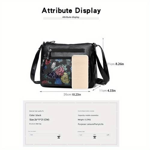 womens genuine leather floral crossbody shoulder bag multi closure adjustable strap mixed color flower pattern polyester lining oil trim versatile purse for everyday use special occasions stylish travel accessory durable stitched edges casual handbag fashionable handbag quality stitching