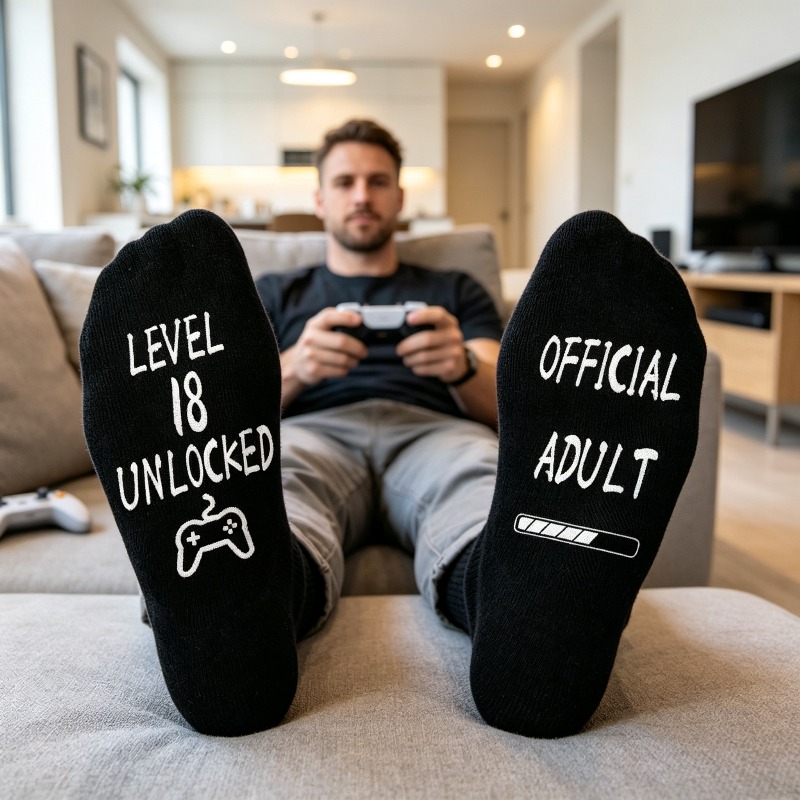 TEMU 1 Pair Of 18th Anniversary Gaming-themed Men's Mid-calf Socks, Featuring Fun Gaming Text And Controller Patterns Printed On The Soles For A .