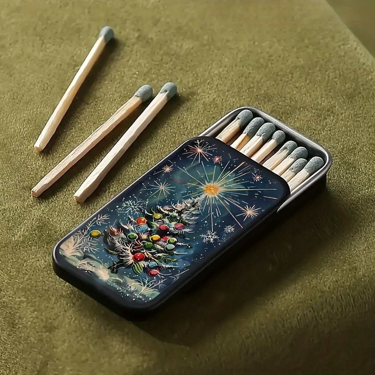 TEMU Una de fósforos un tema navideño con y árboles en colores dorado, azul y verde. Esta de fósforos portátil es para regalos de Navidad o , aunque