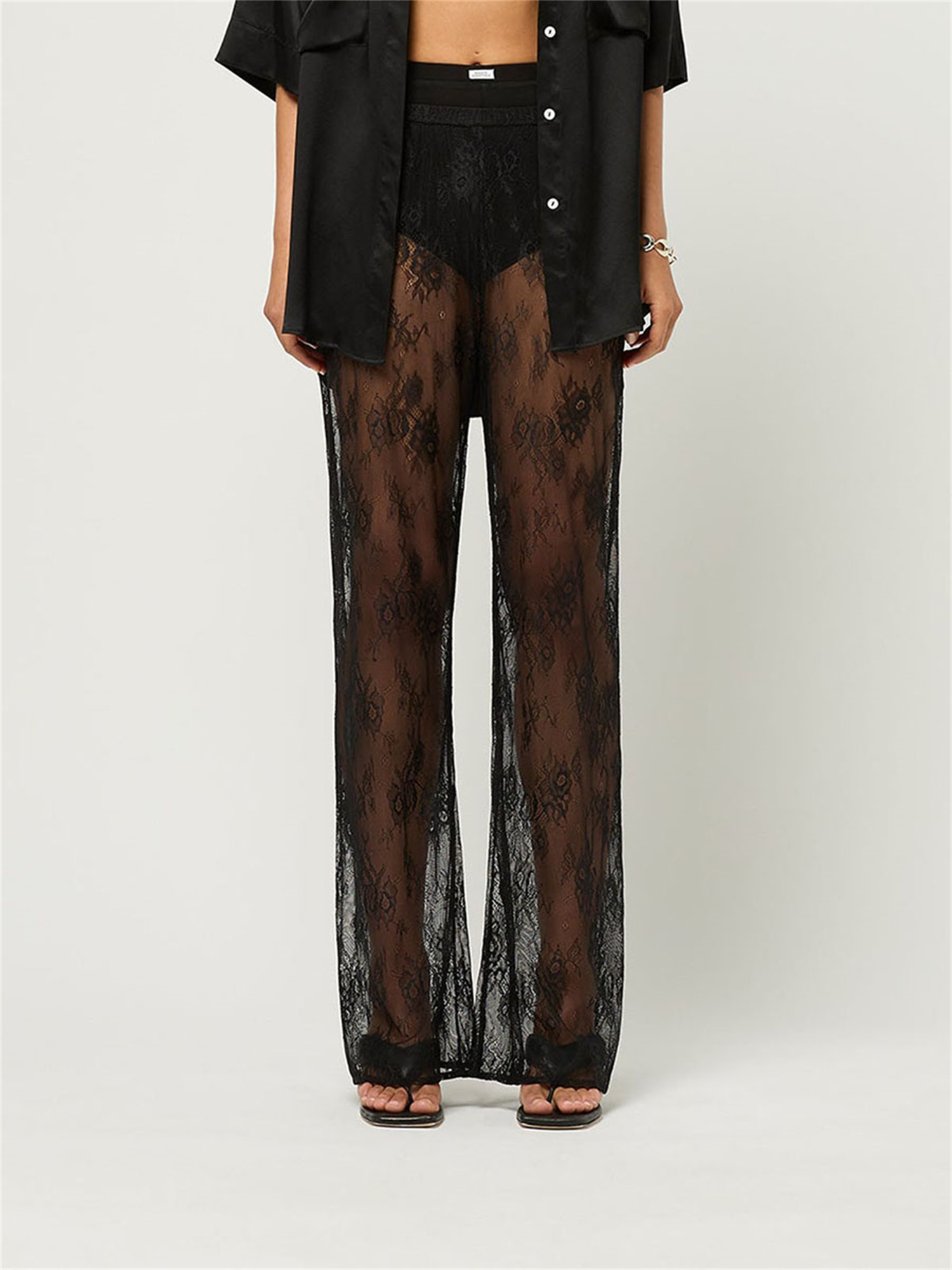 womens y2k lace pants sheer panel high waisted trousers semi