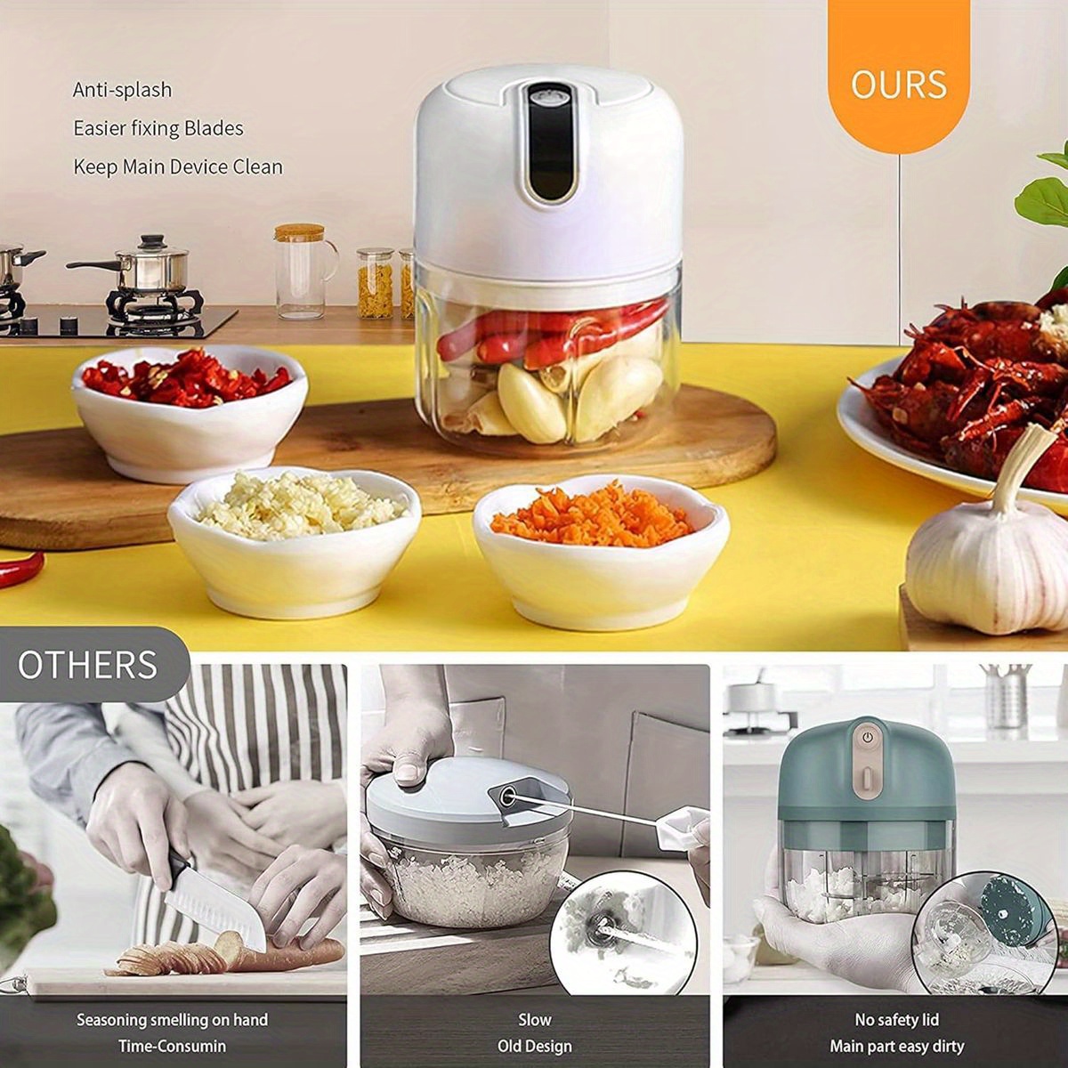 8.45oz electric garlic chopper, compact   chopper, garlic grinder and masher, onion chopper, blender for vegetables, cordless food processor for ginger, chili, fruits, meat, and more. Product details 3