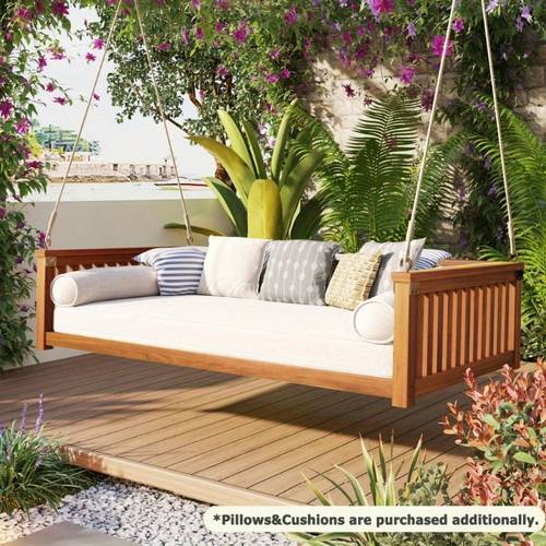outdoor swing bed for patio porch backyard twin size with ropes safe sloped structure sturdy weatherproof build