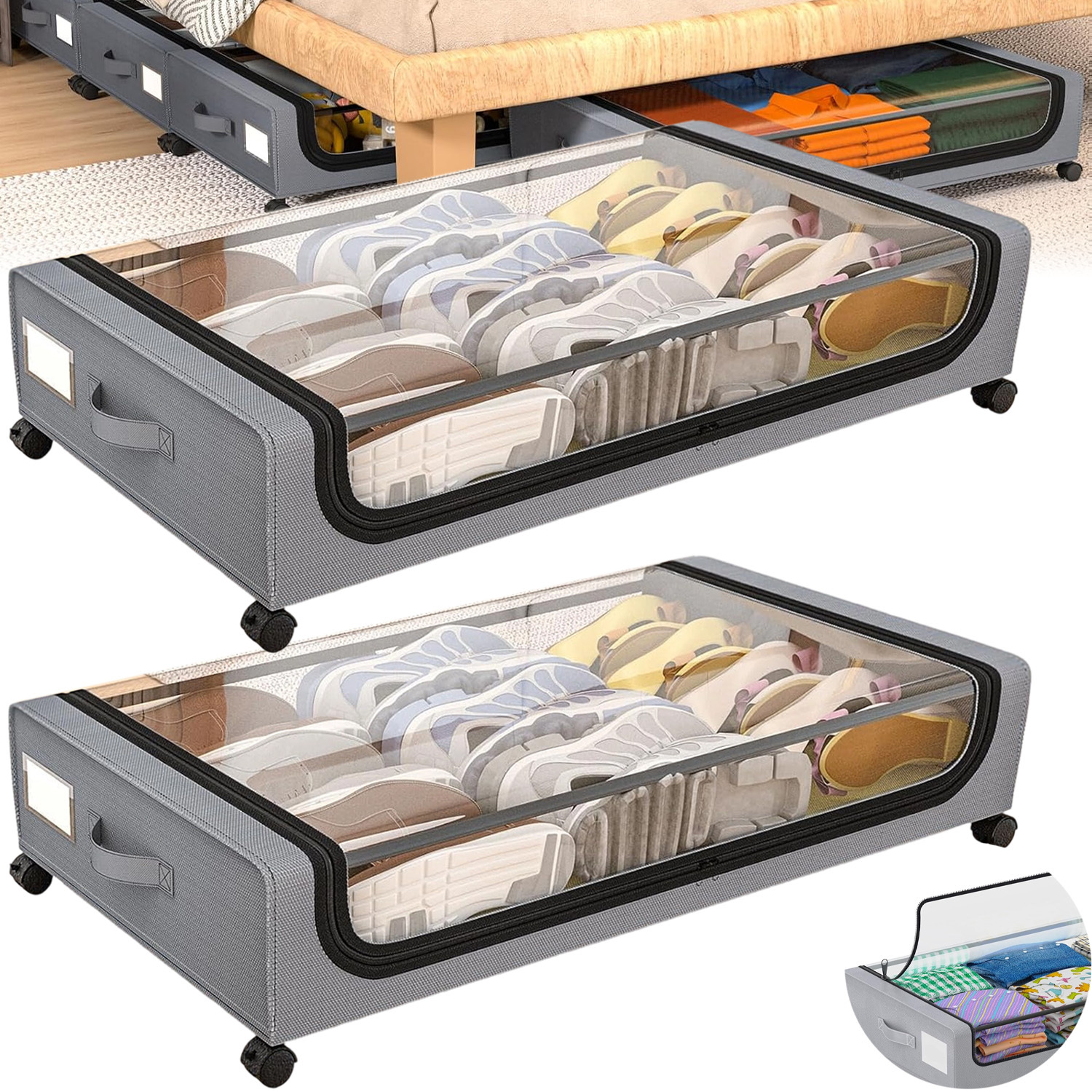 Image of 2 Pack Large Capacity Storage Boxes With 360° Casters | Nylon, Rectangular, Multipurpose For Clothes, Shoes, Bedding, - Anikers, Under-bed Storage