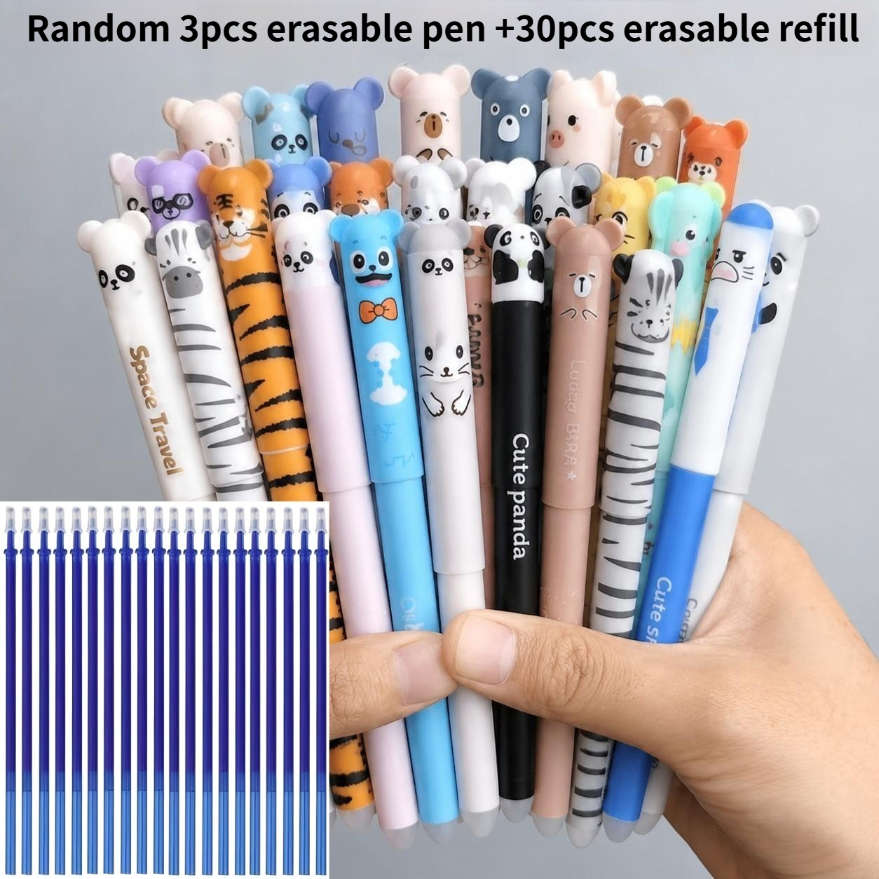 TEMU 33pcs Set Of Animal-shaped Erasable Pens, [random 3pcs Pens And 30pcs Refills] 0.5mm Fine Tip, Blue Ink, Built-in Eraser, Very Suitable For