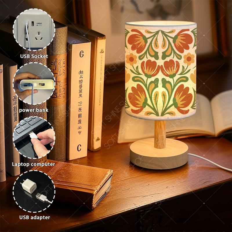 Fabric Shade USB-Powered Print Table Lamp, Cozy Light