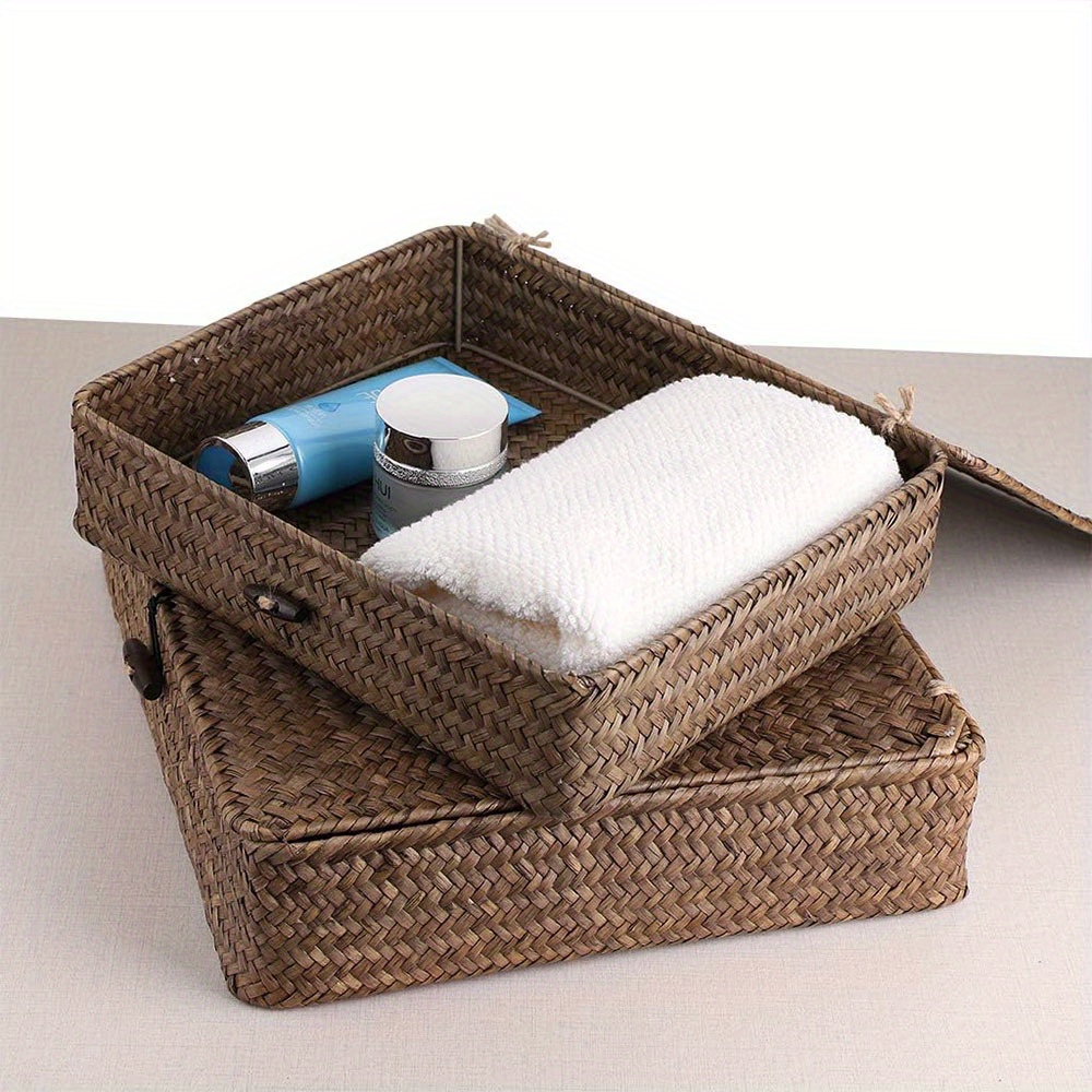 2pcs Set of Flat Woven Wicker Storage Bins with Lid Natural Seagrass Basket Multipurpose Home Boxes for Shelf Organizer