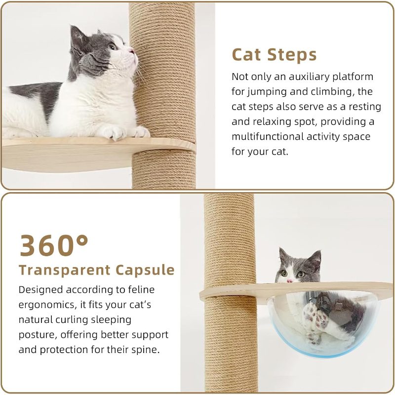 Large Modern Light Oak Cat Tree for Indoor Cats - Multi-Level Cat Condo with Scratching Tower, Hanging Ball & Basket, Thick Durable Panels Suitable for Large Spaces, Multi-Cat, Climbing Furniture for Kittens and Cats