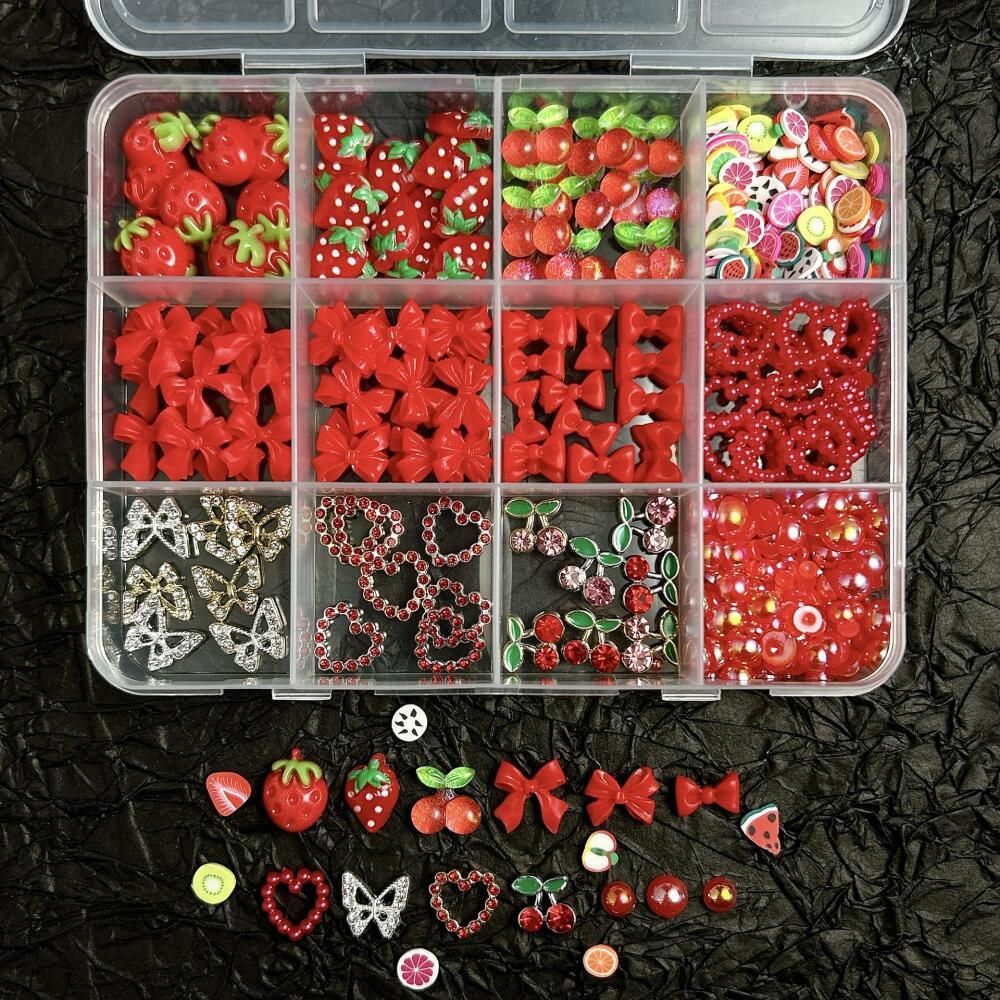 TEMU 1 Set Red Theme Nail Art Charms Kit, Resin Alloy Cherry And Strawberry Decorations, Diy Craft Nail Art Accessories, Adhesive, Assorted Manicure Jewels For Nail Design