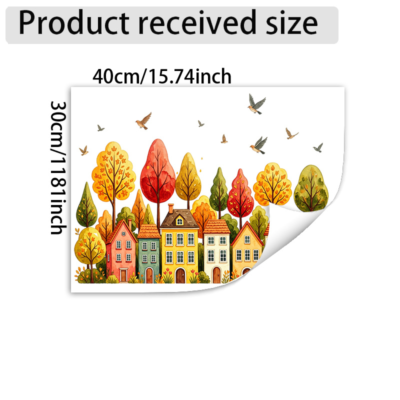 TEMU Thanksgiving Autumn Colorful Cottage Tree Window Decals, A Row Of Vibrant Houses With Gradient Autumn Trees And In A Creative And Fun Pattern.