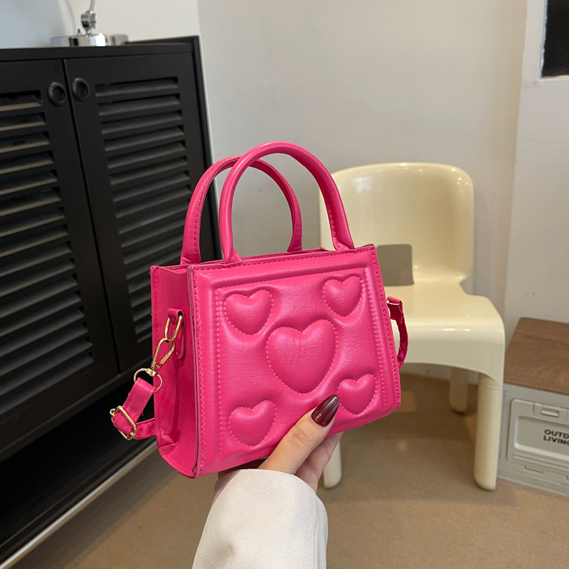 TEMU 1pc Women's Fashion Solid Color Textured Handbag Spring Casual Love Pattern Shoulder Crossbody Bag Valentine's Day Gift