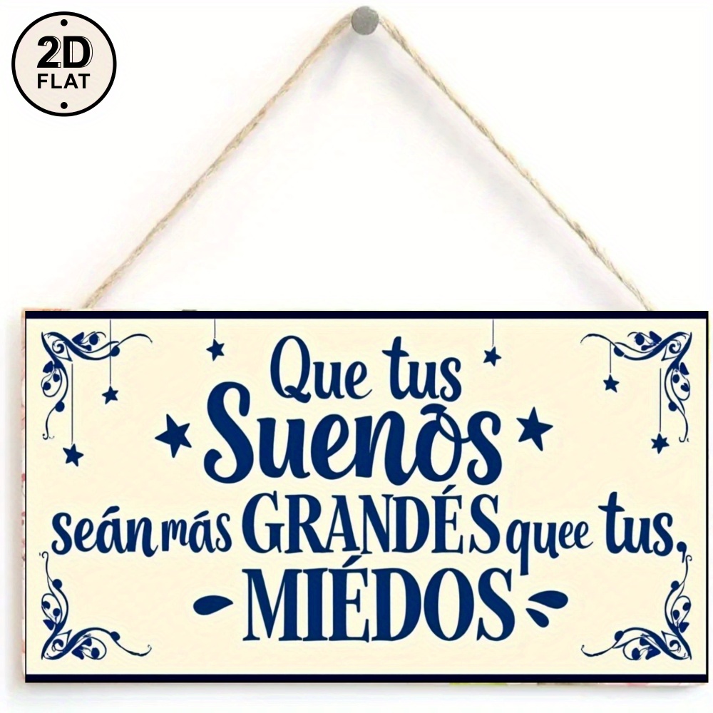 TEMU Colgante de madera artificial 2D con floral azul y en español: Que tus más grandes que tus miedos, decoración para el hogar, no requiere