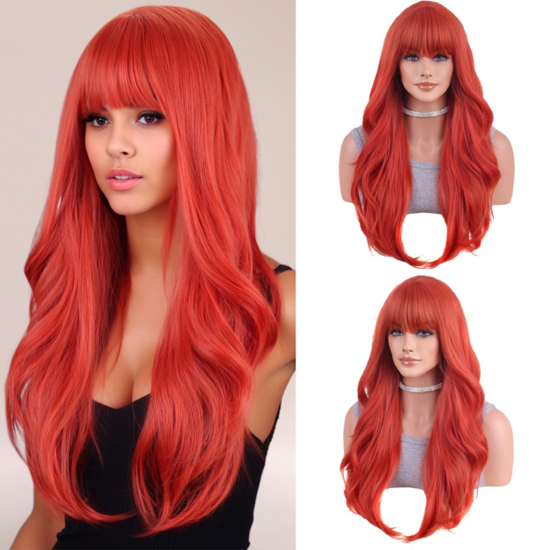 26 inch women red deep wave wig long middle part wig with bang heat resistant fiber synthetic wigs for daily use party dating