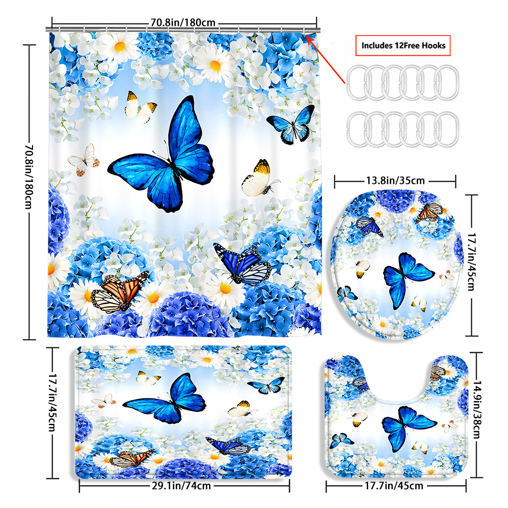 TEMU 4pcs Flowers With Curtain Shower Curtain Decoration, Beautiful Housewarming Gift Decoration, Waterproof Shower Curtain And Toilet Floor Mat Three-piece Set Comes With 12 Shower Curtain Hooks