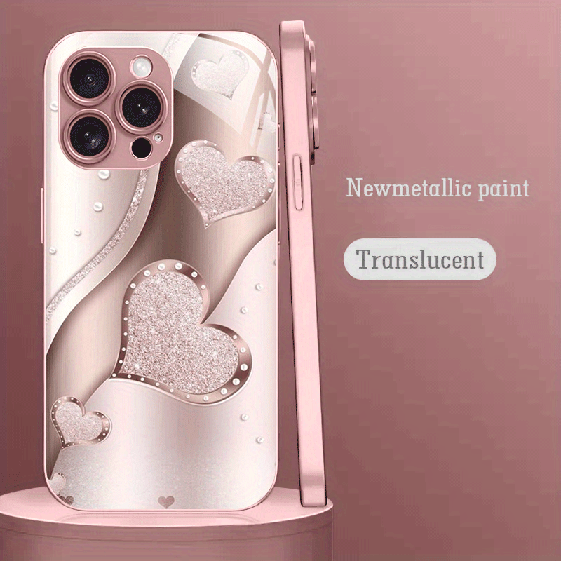 TEMU Phone Case - Light Pink Heart Curve Pattern Pink Metallic Paint Tempered Glass Hard Phone Case For Iphone 16/16 Pro/16 Plus/16 Pro Max/ Pro/15