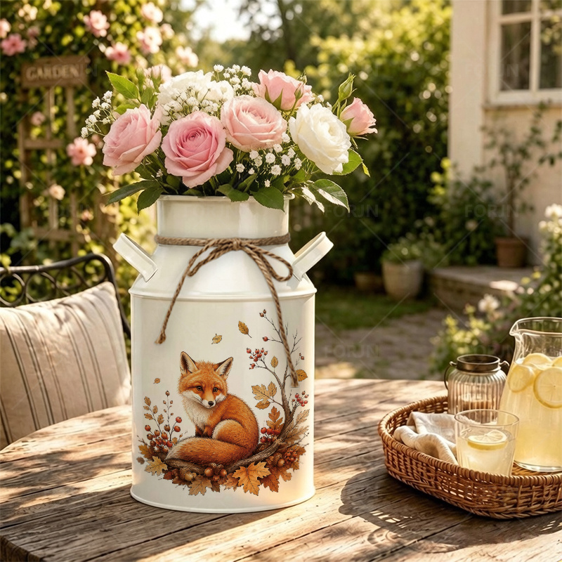 TEMU Vase en fer 1 pièce, motif illustration renard d'automne, décorations de style , de pot à lait de style ferme rétro, vases de décoration