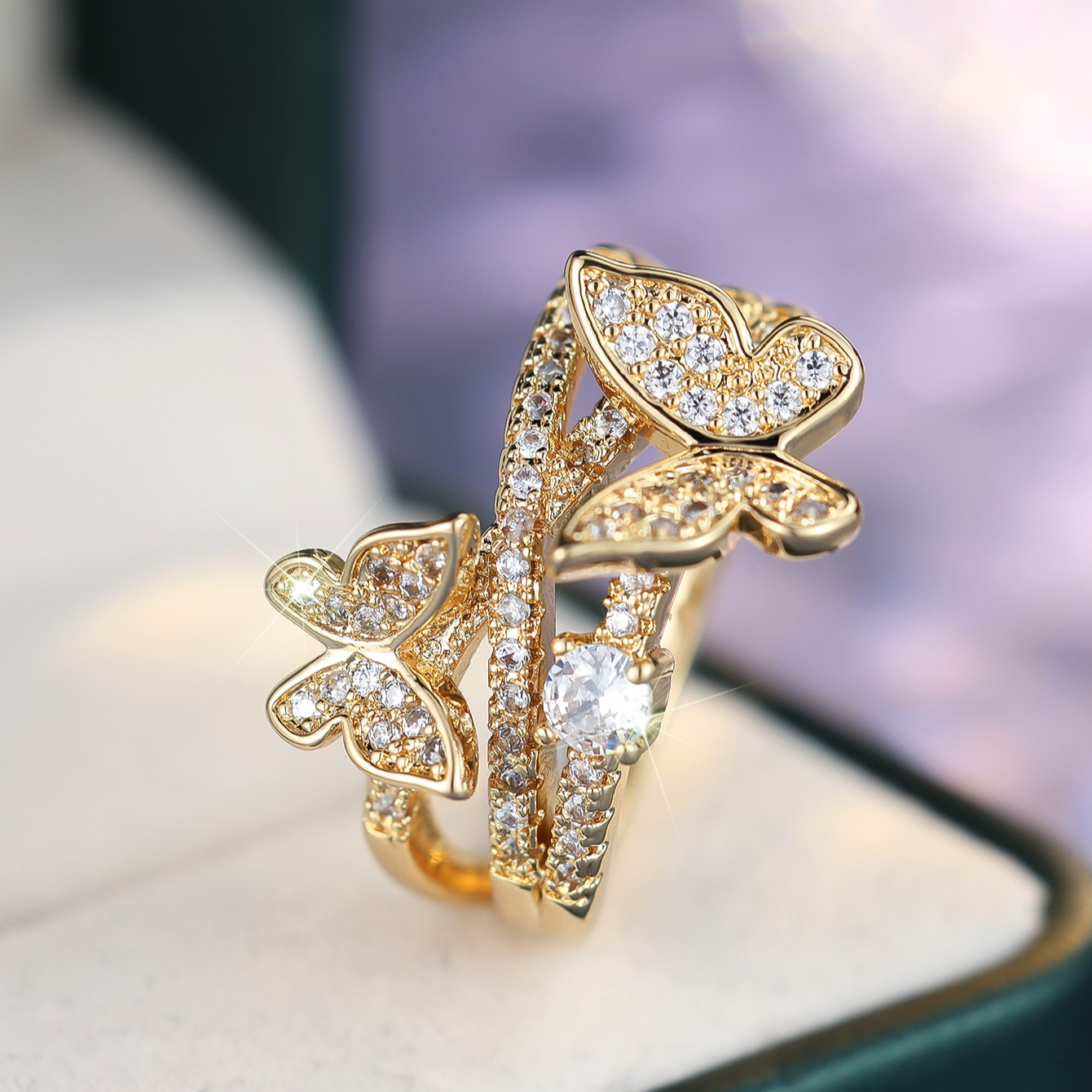 Golden Double Butterfly Stackable Ring with Synthetic Zirconia